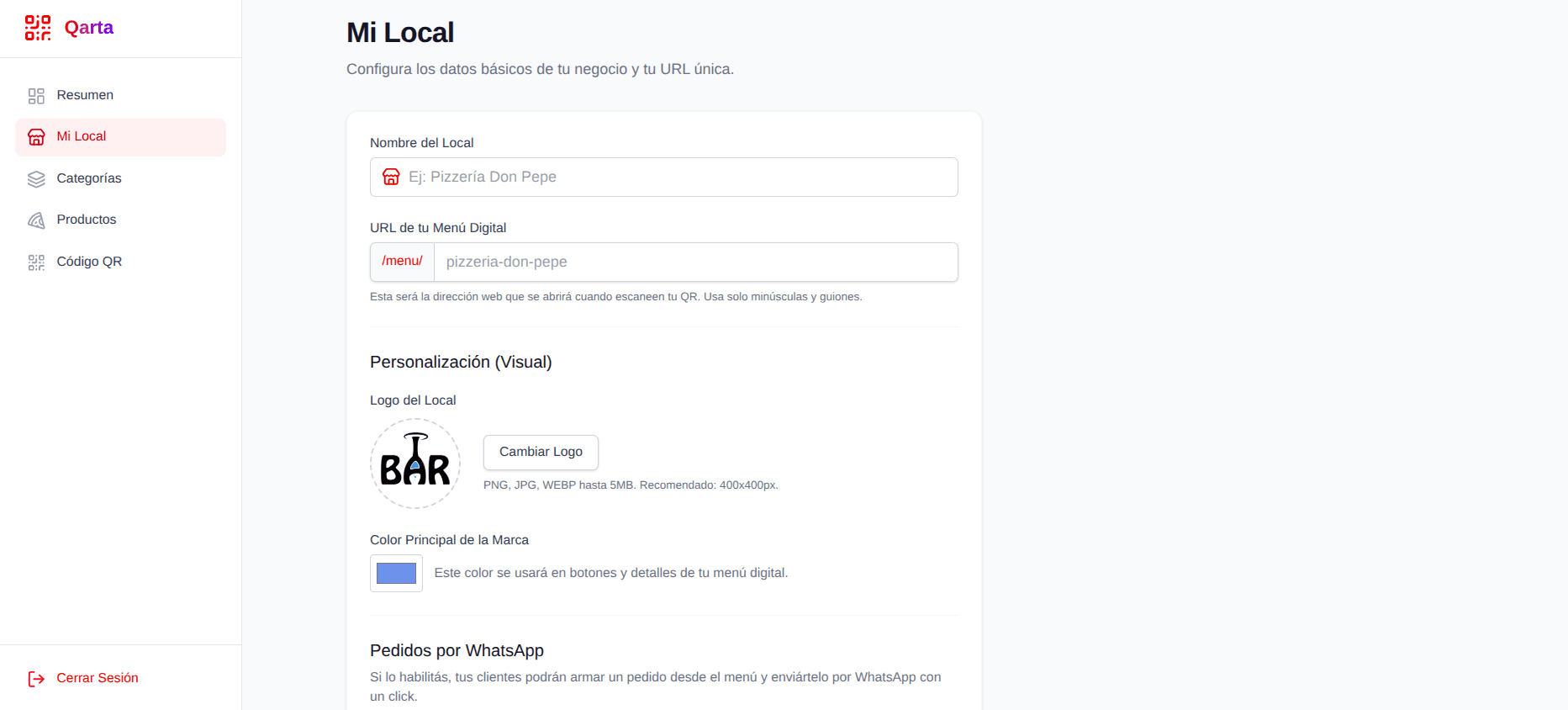 Panel de Qarta: configuración del local