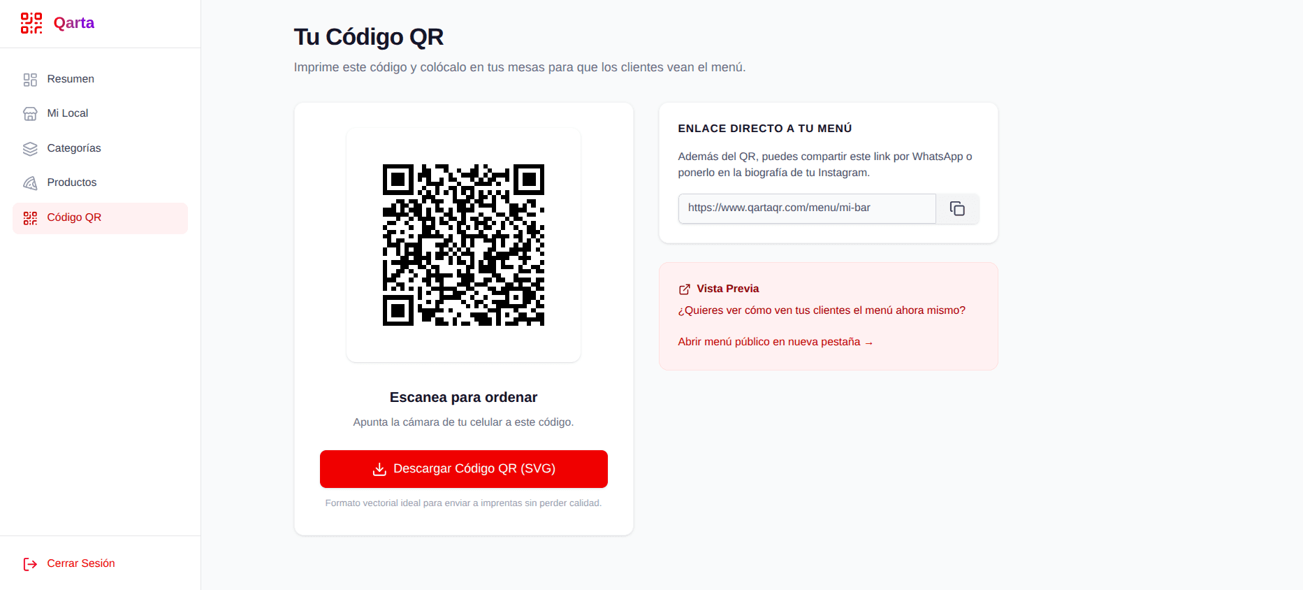 Panel de Qarta: descarga del código QR
