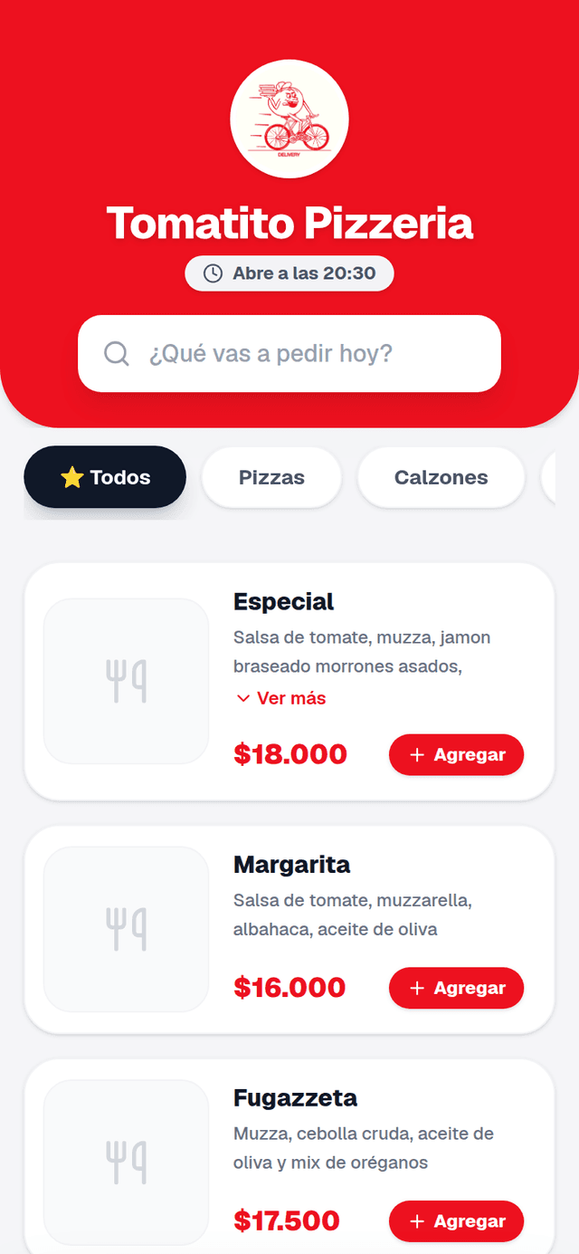 Menú digital de Tomatito Pizzería en un celular